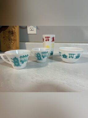 50s Vintage Hazel Atlas Milk Glass with Teal Kitchen Print